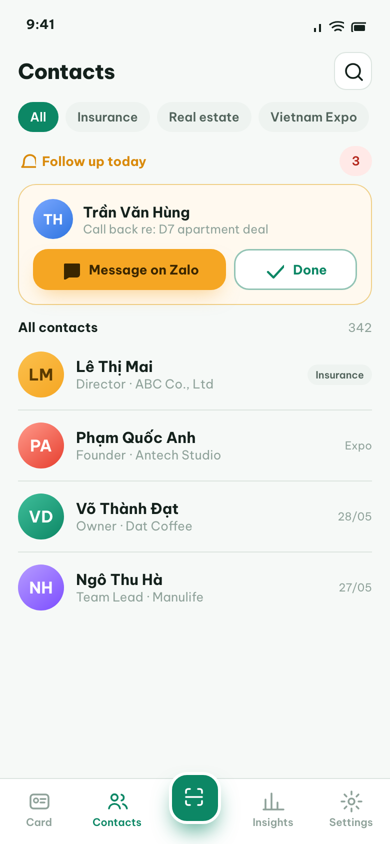 Contacts with follow-up reminders