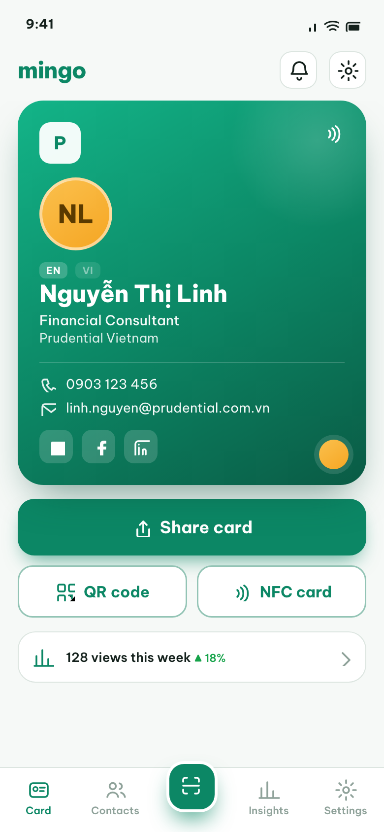 Mingo app — my card screen