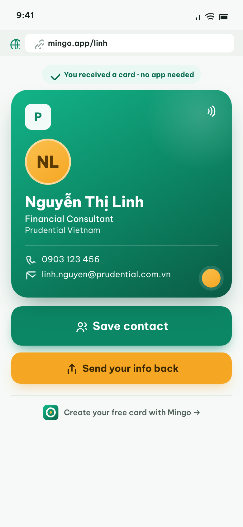 Receiving a Mingo card — save contact in one tap